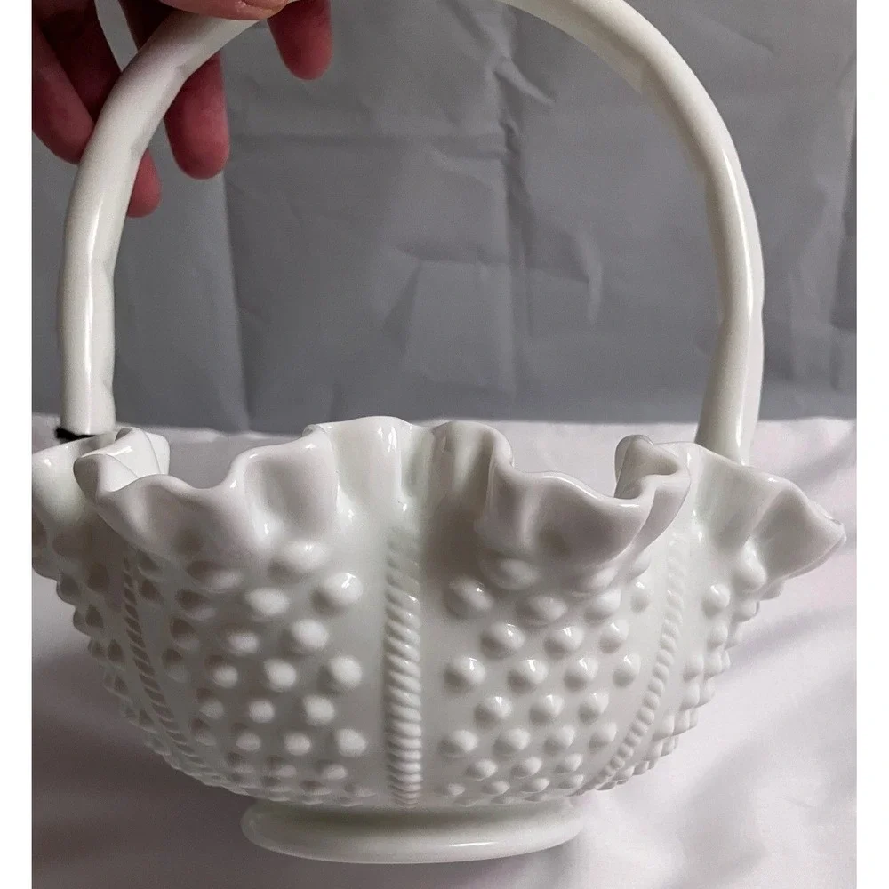 Authentic Mint Condition Vintage Fenton Milk Glass Hobnail Ruffled Basket w/Tags